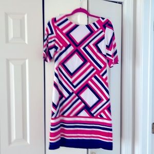 Work dress, size 6, pink, white and blue